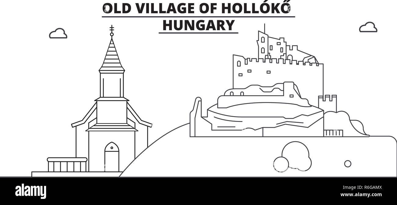 Hungary - Holloko, Old Village travel famous landmark skyline, panorama, vector. Hungary - Holloko, Old Village linear illustration Stock Vector