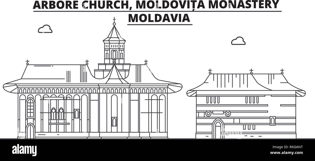 Moldavia - Arbore Church, Moldovita Monastery travel famous landmark skyline, panorama, vector. Moldavia - Arbore Church, Moldovita Monastery linear illustration Stock Vector