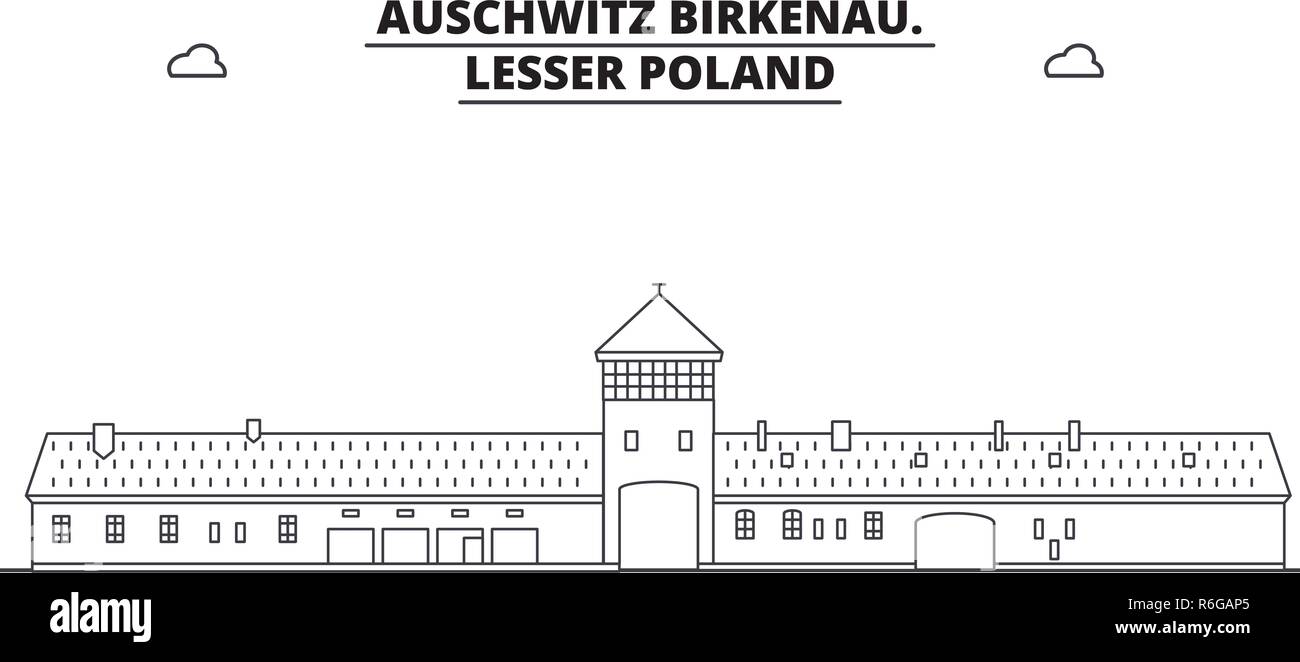 Poland - Auschwitz Birkenau travel famous landmark skyline, panorama, vector. Poland - Auschwitz Birkenau linear illustration Stock Vector