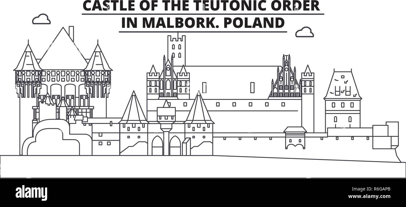 Poland - Castle Of The Teutonic Order In Malbork travel famous landmark skyline, panorama, vector. Poland - Castle Of The Teutonic Order In Malbork linear illustration Stock Vector