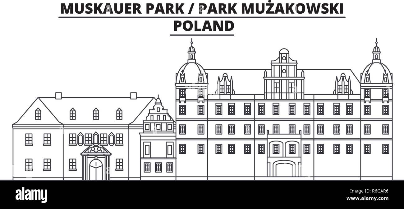 Poland - Muskauer, Muzakowski  Park  travel famous landmark skyline, panorama, vector. Poland - Muskauer, Muzakowski  Park  linear illustration Stock Vector
