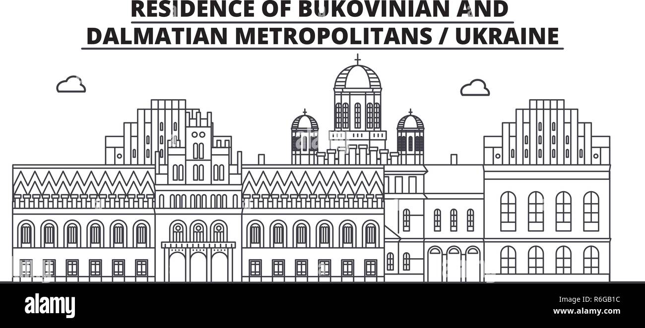 Ukraine - Bukovinian And Dalmatian Metropolitans travel famous landmark skyline, panorama, vector. Ukraine - Bukovinian And Dalmatian Metropolitans linear illustration Stock Vector