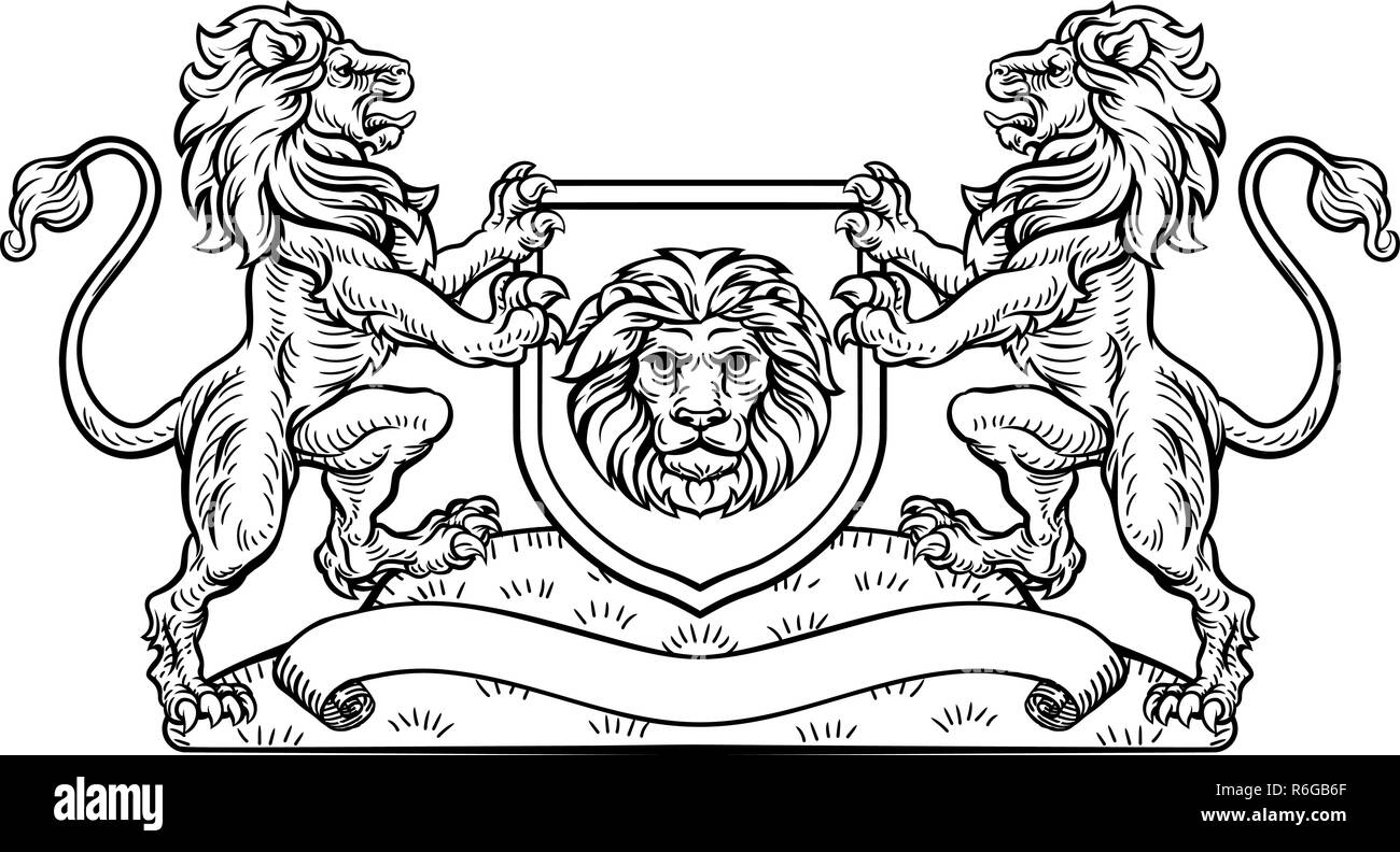 Lions Heraldic Crest Coat of Arms Shield Emblem Stock Vector
