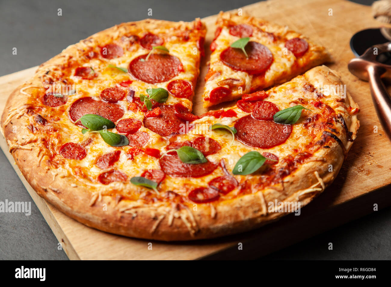 Pizza with salami and chorizo Stock Photo Alamy