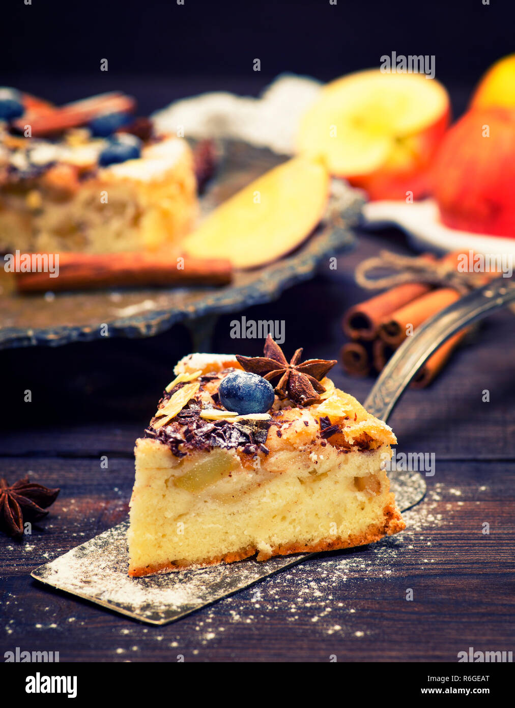 slice of apple pie on an iron kitchen spatula Stock Photo