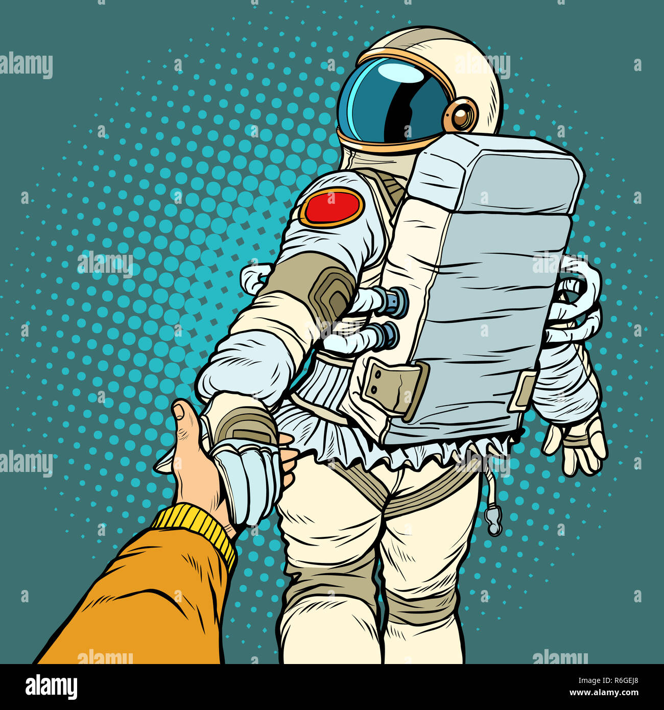 astronaut space travel follow me concept, couple love hand leads Stock Photo