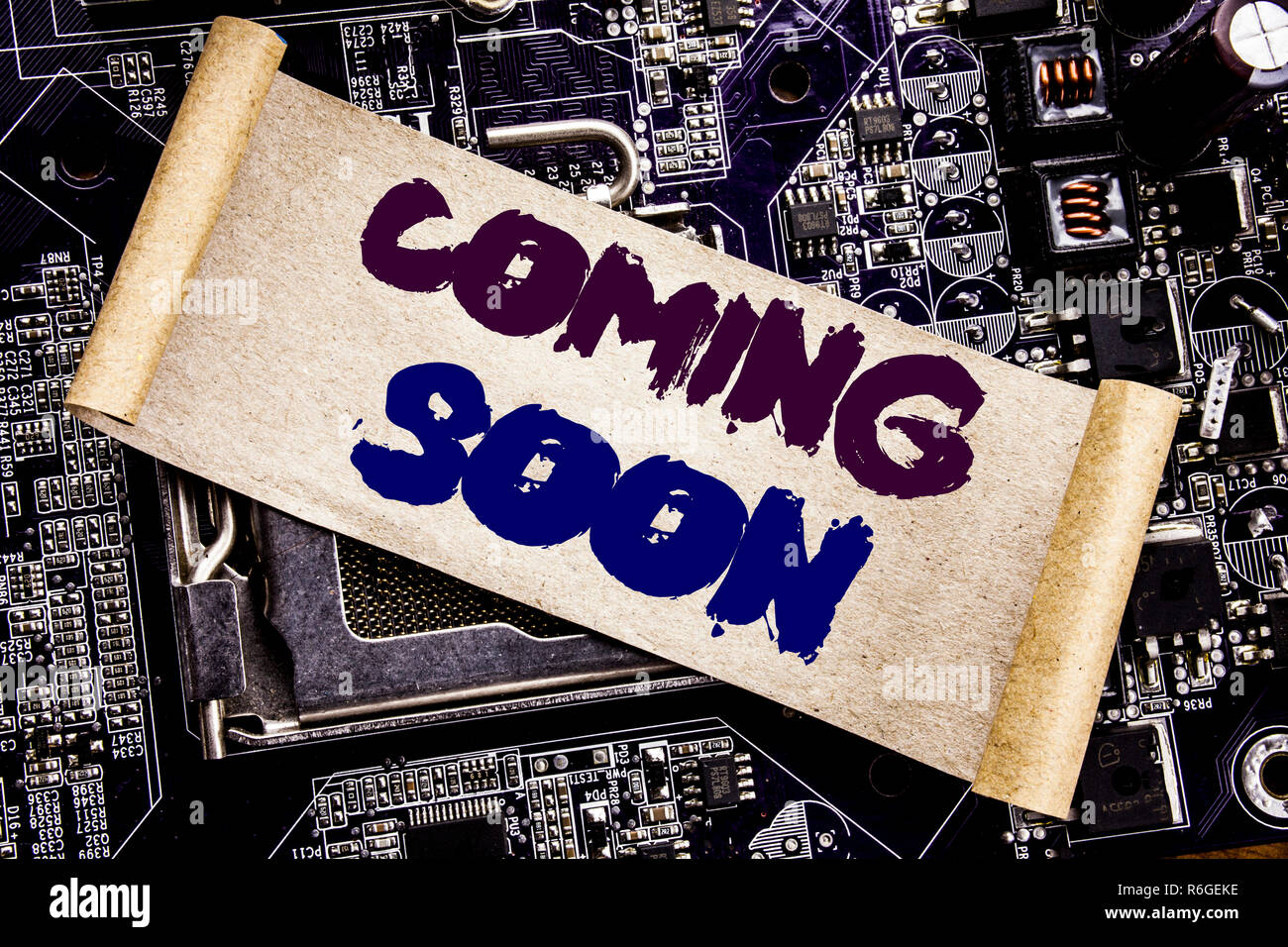 Hand Writing Text Caption Inspiration Showing Coming Soon Business Concept For Message Future Written On Sticky Note Computer Main Board Background Stock Photo Alamy