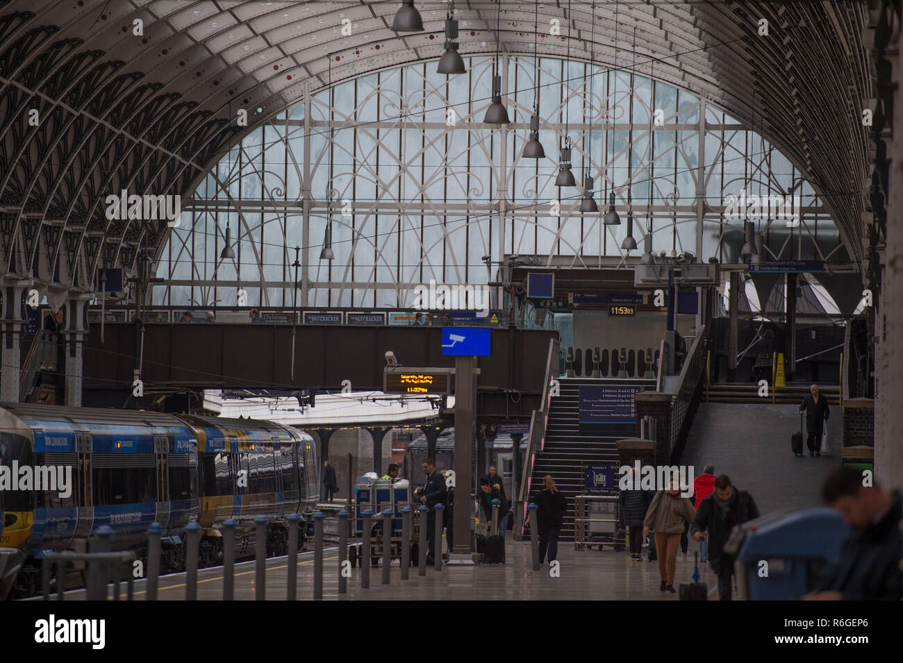 December 2018. Train arrivals and departures at Paddington terminus railway station in London
