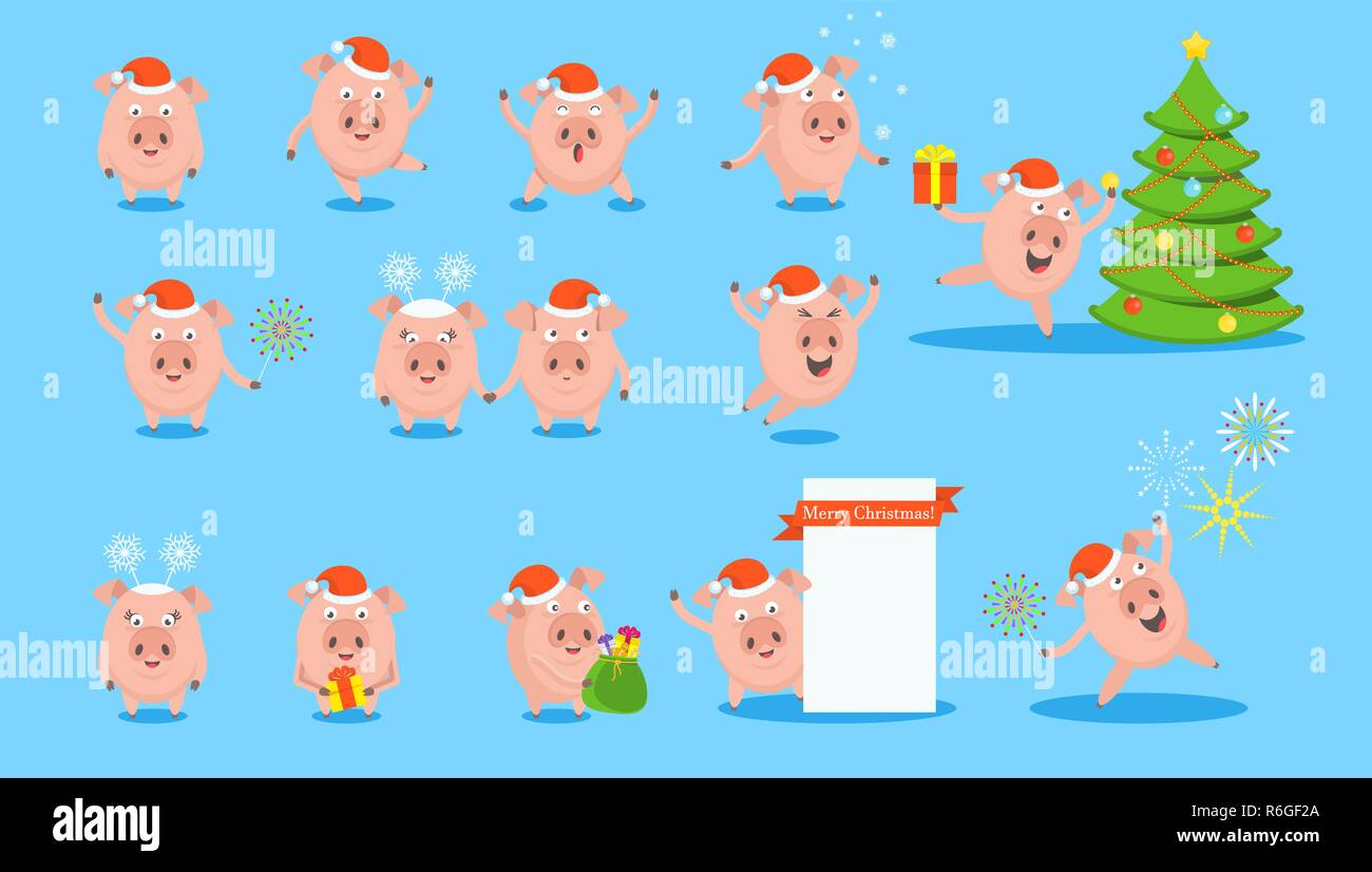 Set of vector funny merry pig character Stock Vector