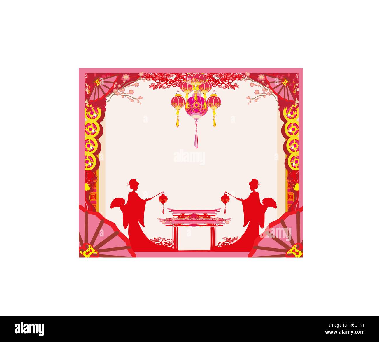 Happy Chinese New Year card. Beautiful Asian girl and abstract ornaments Stock Vector