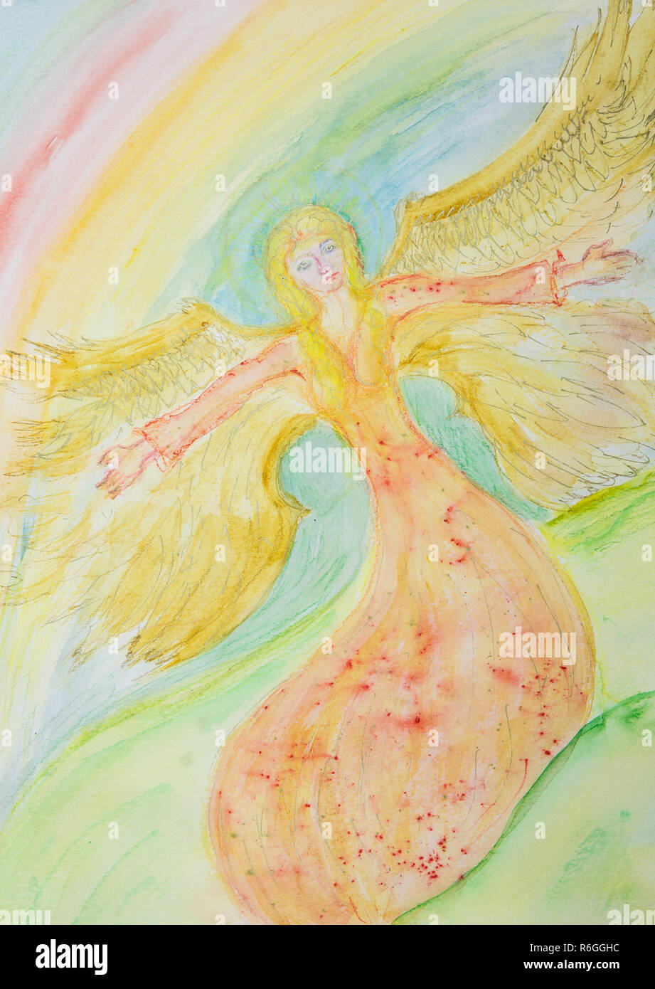 Flying feminine angel. The dabbing technique near the edges gives a soft focus effect due to the altered surface roughness of the paper. Stock Photo