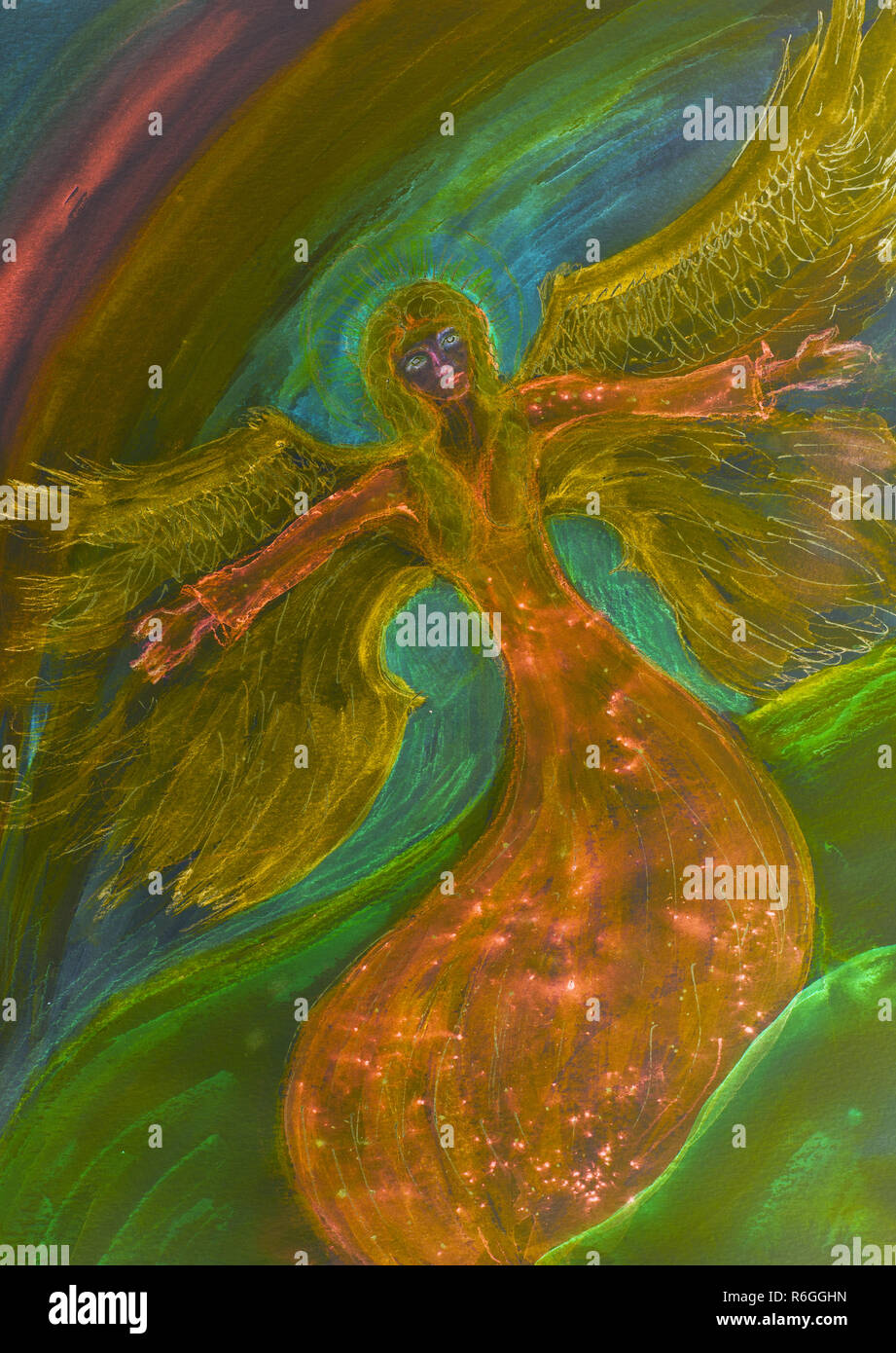 Psychedelic flying feminine angel. The dabbing technique near the edges gives a soft focus effect due to the altered surface roughness of the paper. Stock Photo
