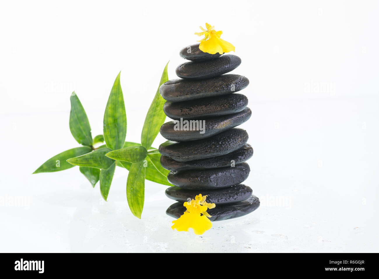 Black zen stones with Oncidium orchids and bamboo leaves Stock Photo