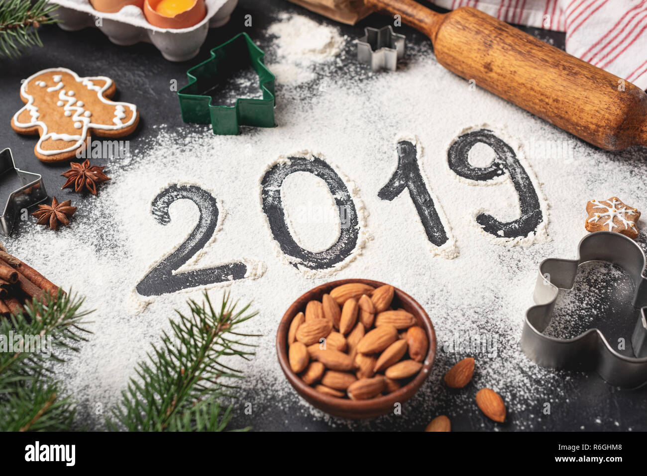 New Year 2019 written on flour. Winter holidays, Christmas concept Stock Photo