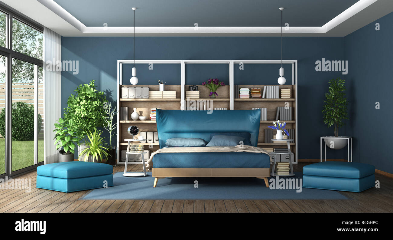 Blue Master Bedroom In A Modern Villa With Elegant Double