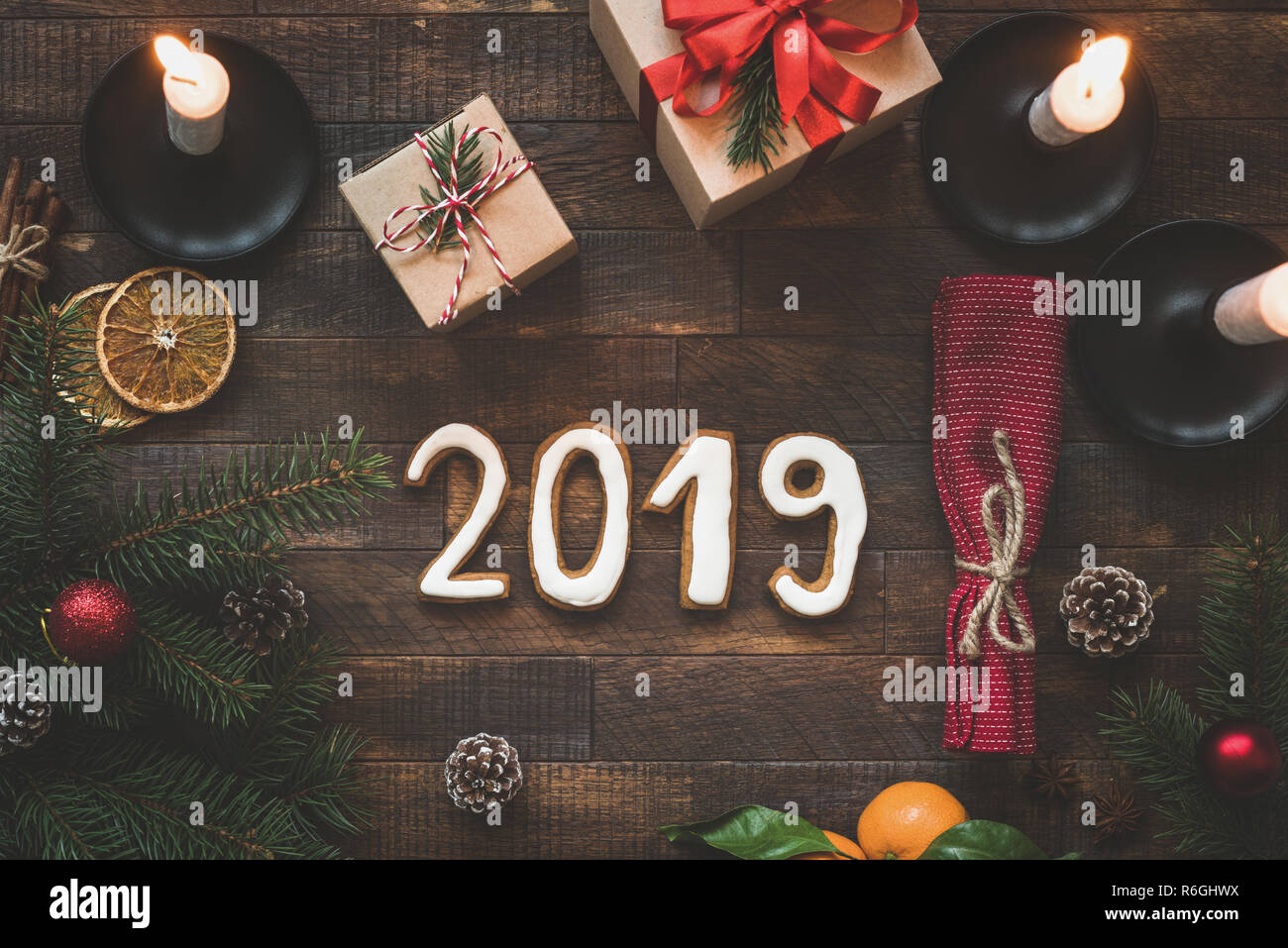 New Year or Christmas table setting with 2019 letters. Winter holidays greeting card. Top view. Authentic table setting Stock Photo