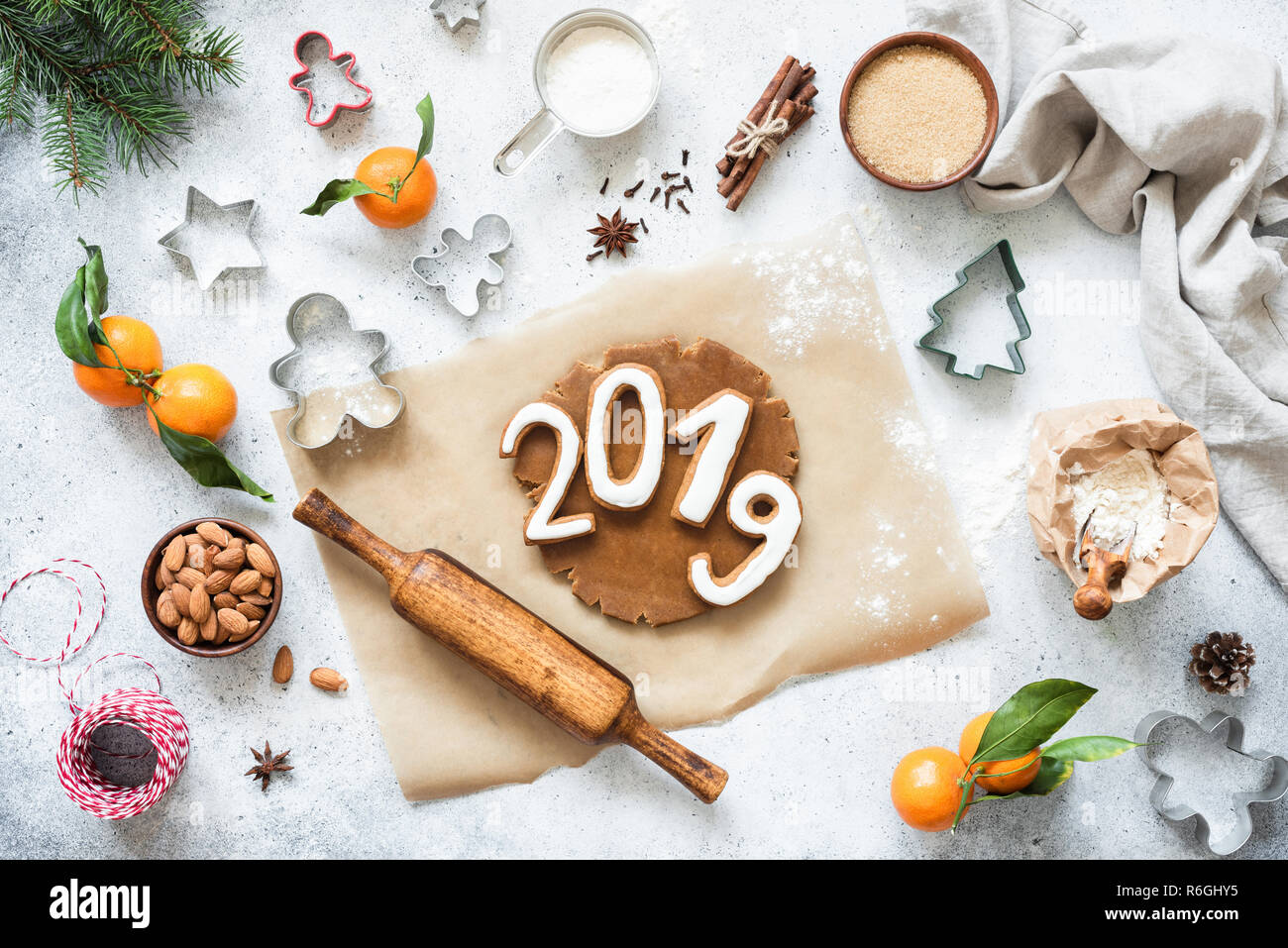2019 numbers gingerbread cookies New Year baking concept. Top view. Happy New Year, Merry Christmas greeting card, invitation card, web banner or desi Stock Photo