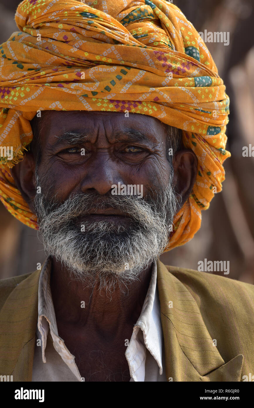 Elderly Rajasthani male, wearing a traditional colourful turban, looking directly at the camera, Rajasthan, India, Asia. Stock Photo