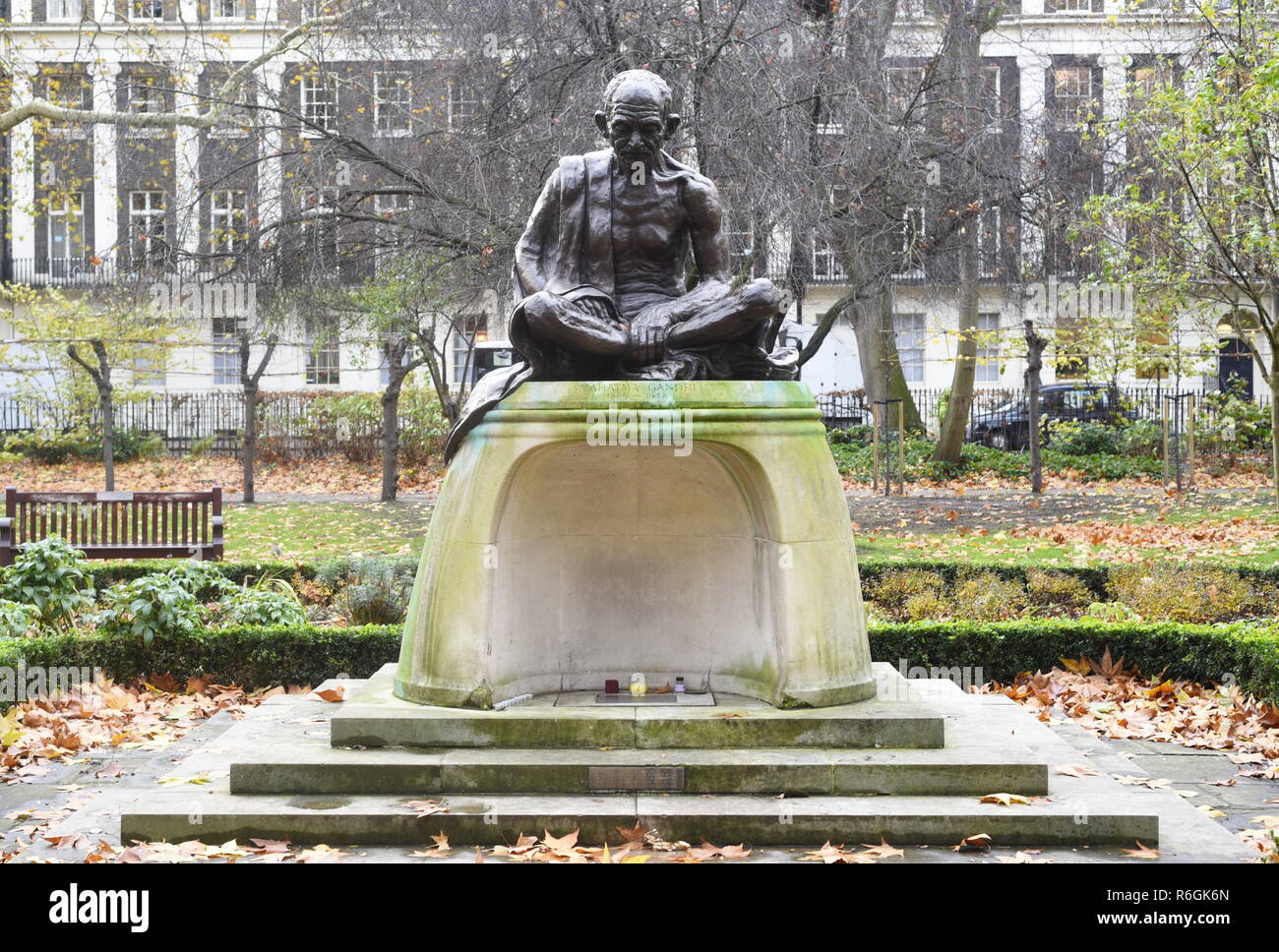 Statue of Mahatma Ghandi in Tavistock Square London. Sculpted by Fredda Brilliant and installed in 1968. The hollow pedestal was intended, and is used Stock Photo