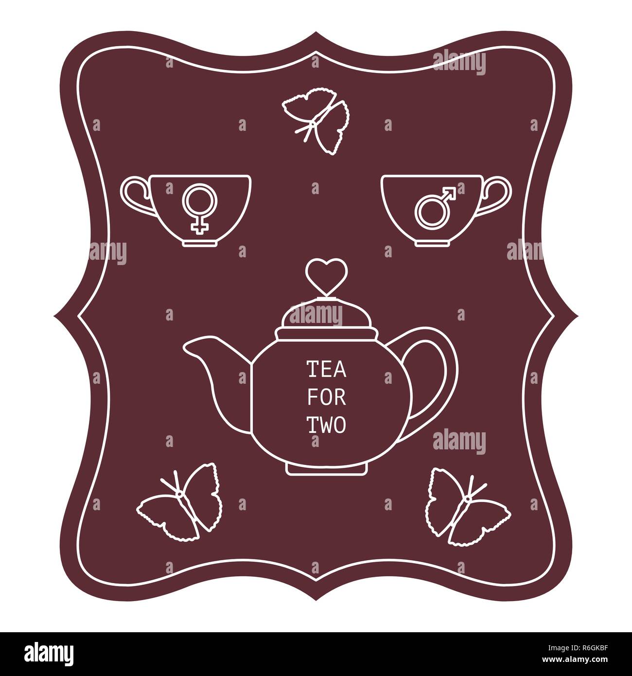 Vector illustration with teapot and two cups of tea with gender signs, butterflies. Tea for two