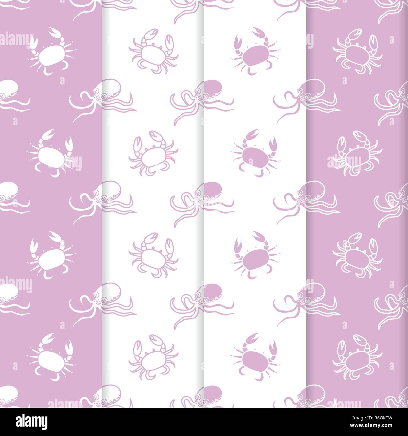 Set of 4 vector seamless pattern with octopuses and crabs. Sea ...