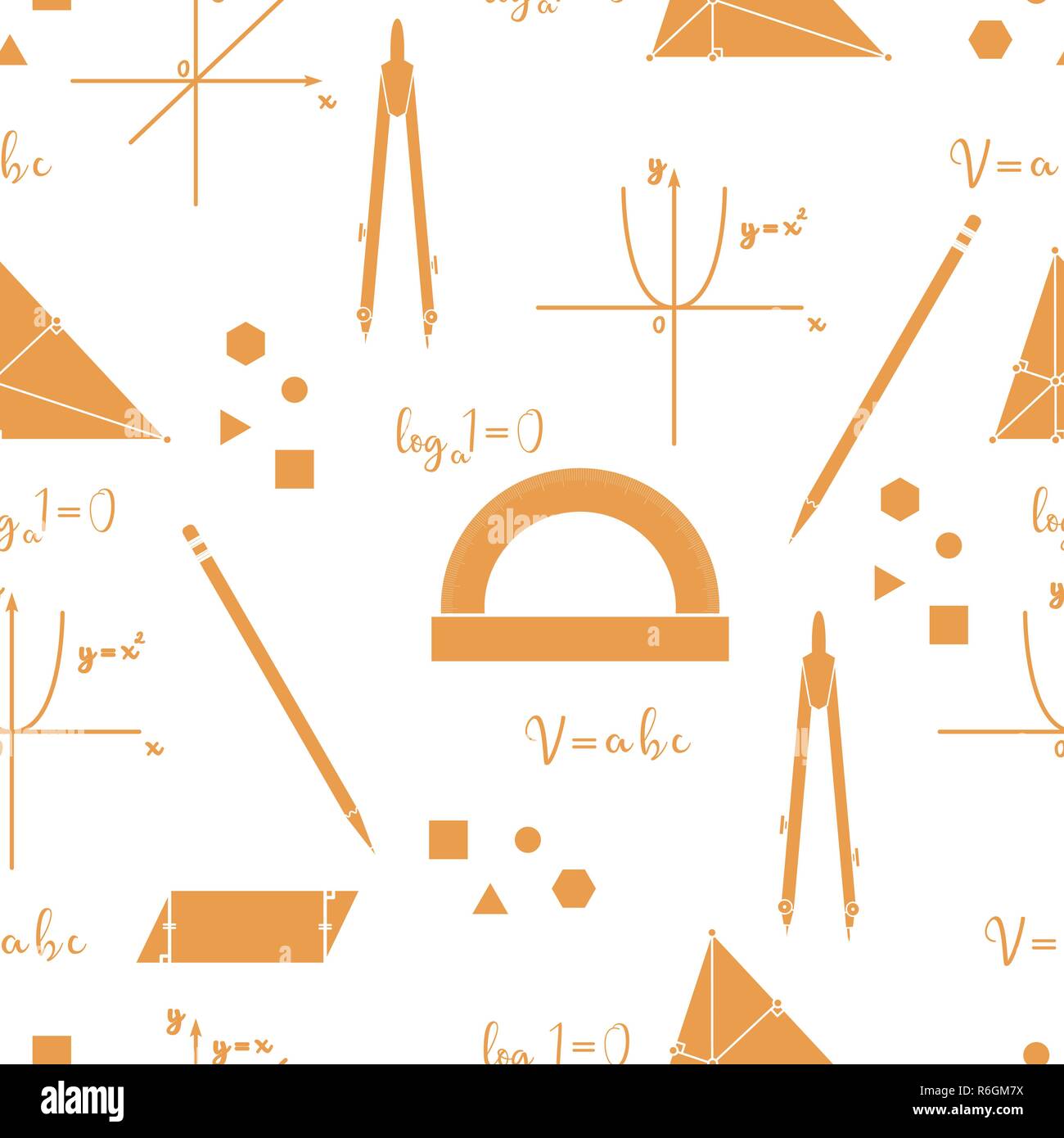 Mathematical scientific vector seamless pattern with geometry plots, tools and formulas. Education elements. Compasses, protractor, pencil, graphics,  Stock Vector