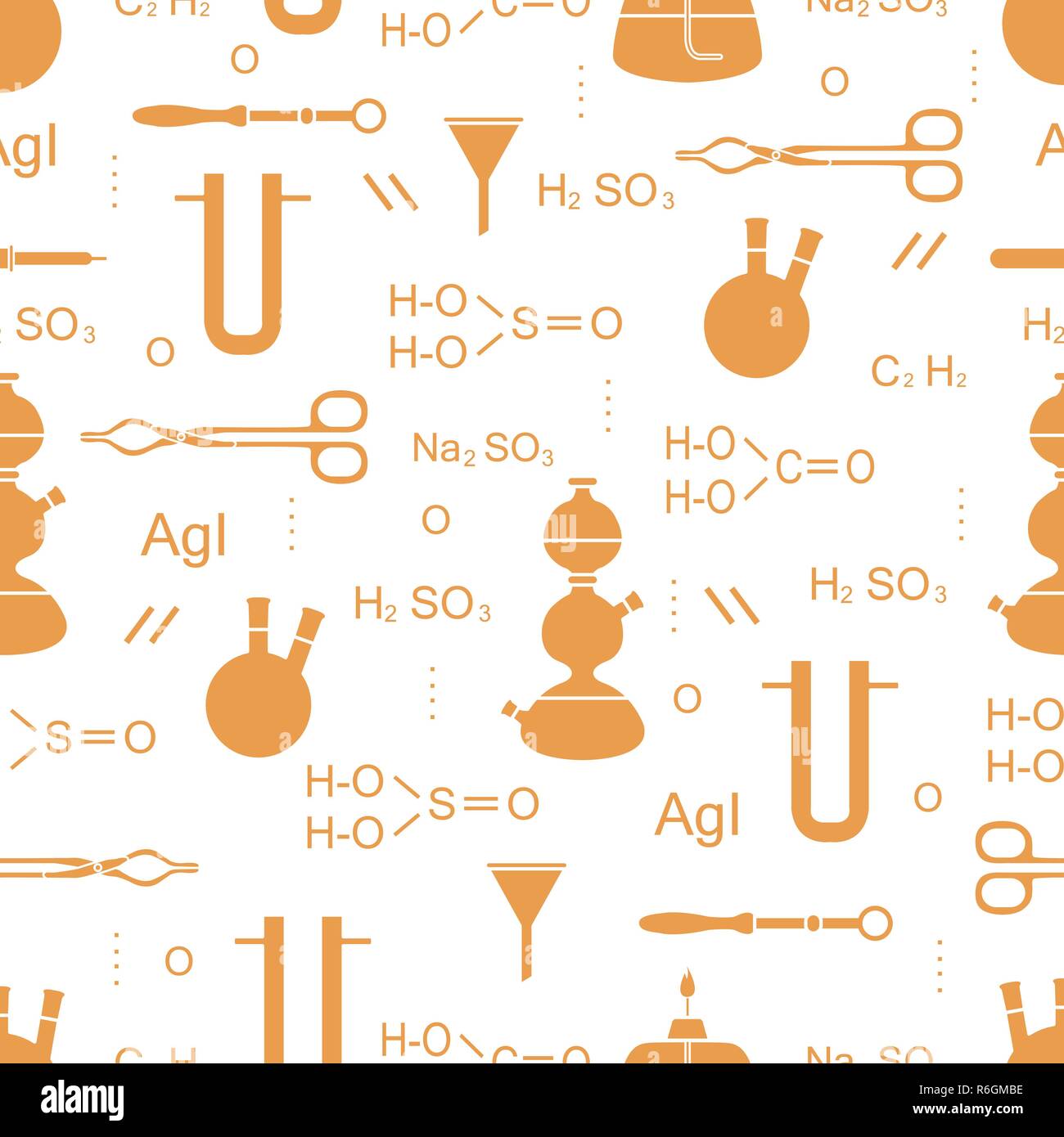 Scientific vector seamless pattern with flasks, burners, funnels, tools ...