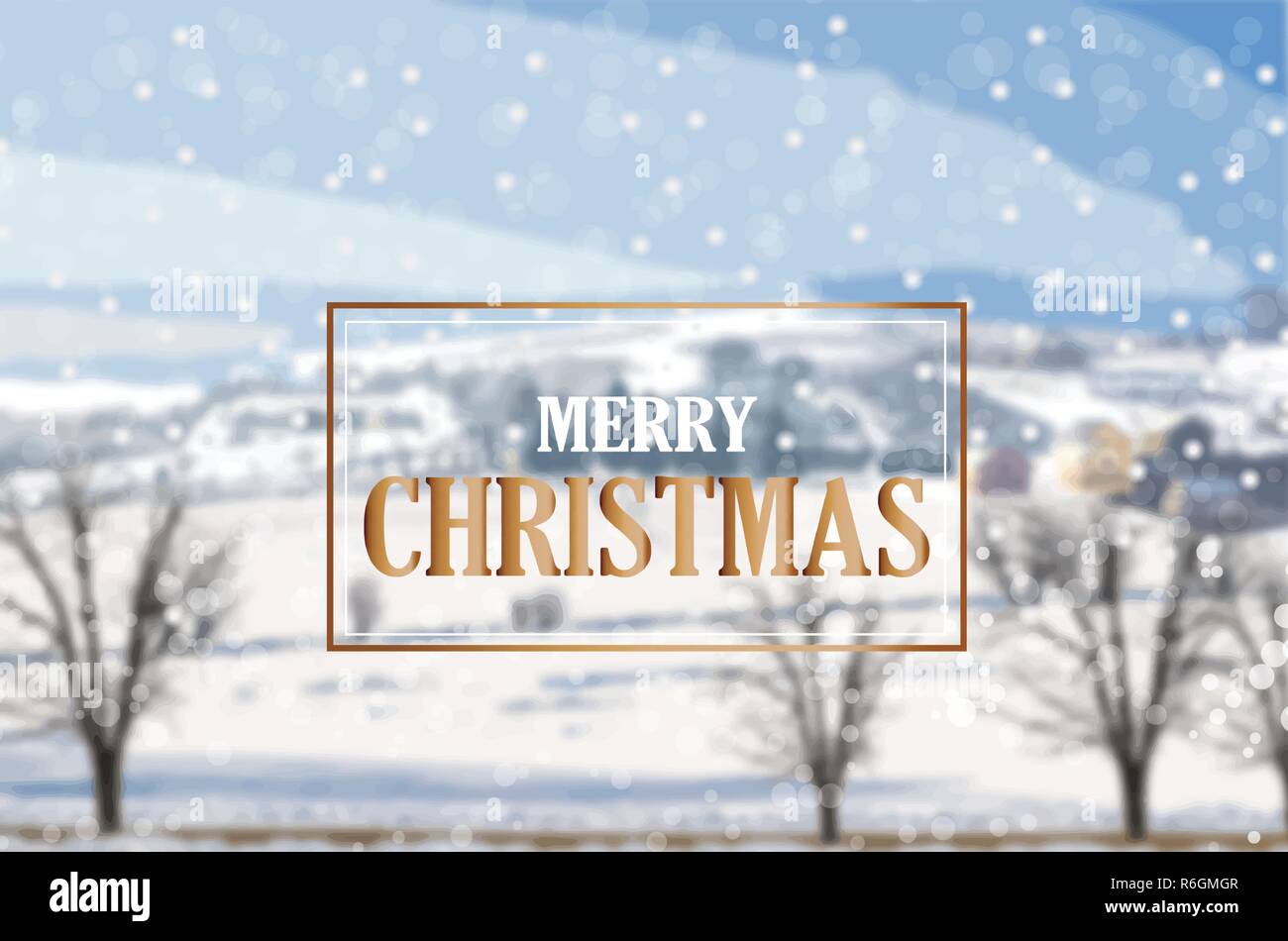 Merry Christmas golden card on winter landscape background Vector ...