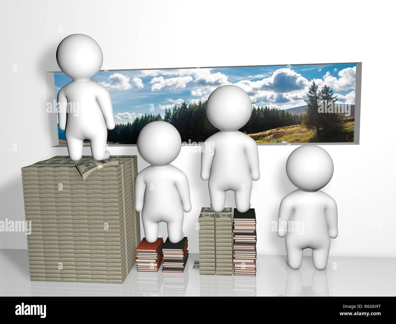 Philosophic illustration: LIFE Four men looking in the window from different levels. Stock Photo