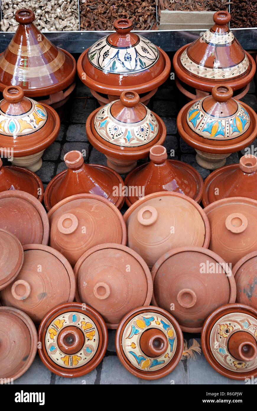 Earthenware tajines and bowls from Fez, for sale in the street of the Medina, Marrakech, Morocco, North Africa, Africa Stock Photo