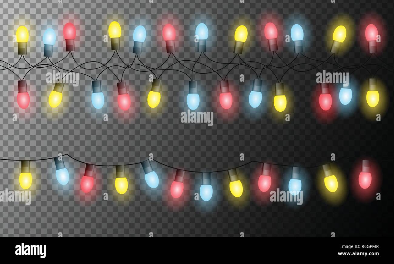 Realistic illustration of colored christmas lights yellow, red and blue colors, isolated on transparent background - vector Stock Vector