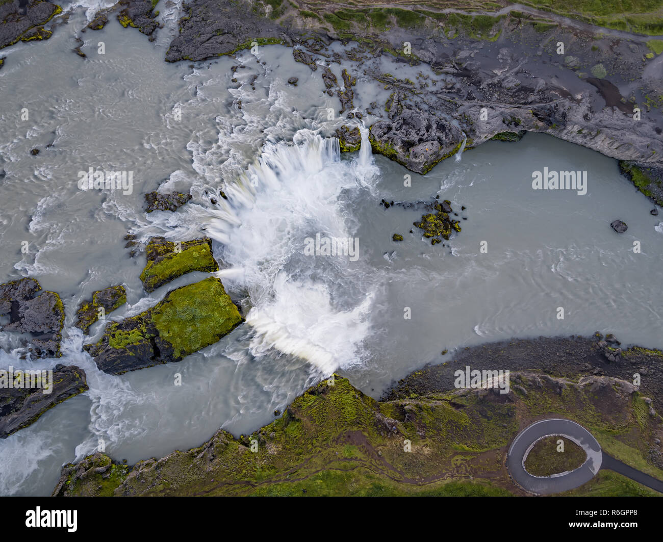 Aerial - Godafoss Waterfalls, Iceland. This image was shot using a drone. Stock Photo