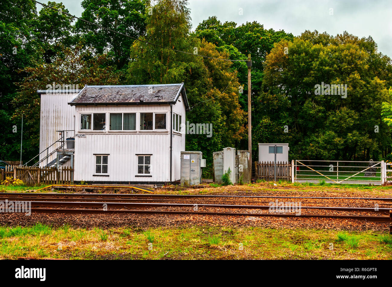 The distinctive and prominent gabled Highland Railway signal box at Pitlochry railway station, extensively remodelled in the early 21st century Stock Photo