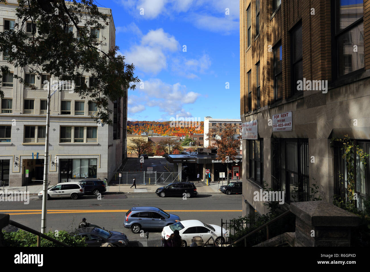 View of the Hudson River Palisades from downtown Yonkers new York Stock