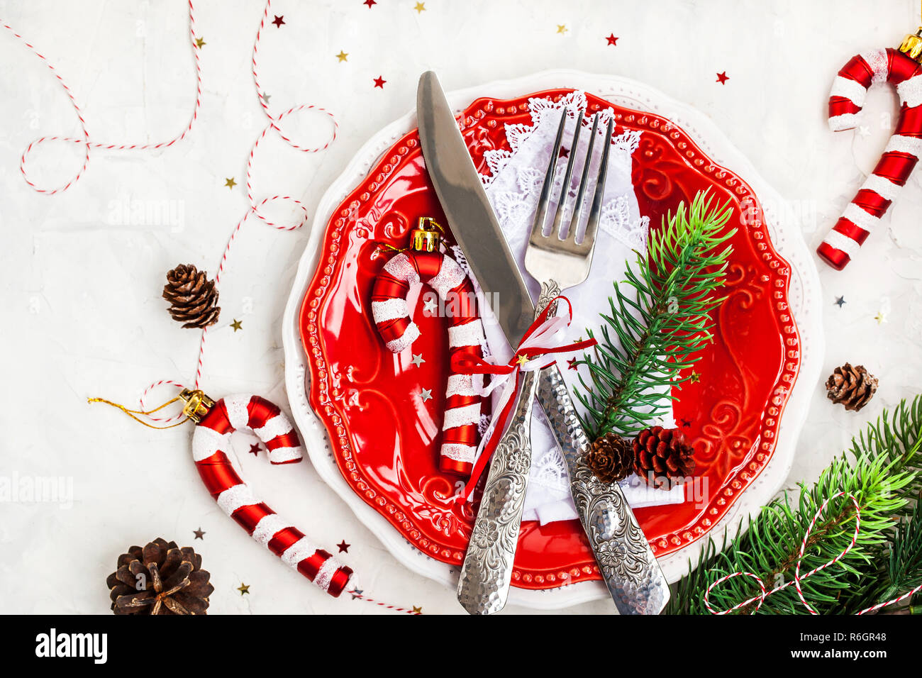 Christmas table place setting, Holiday background, top view, copy space Stock Photo