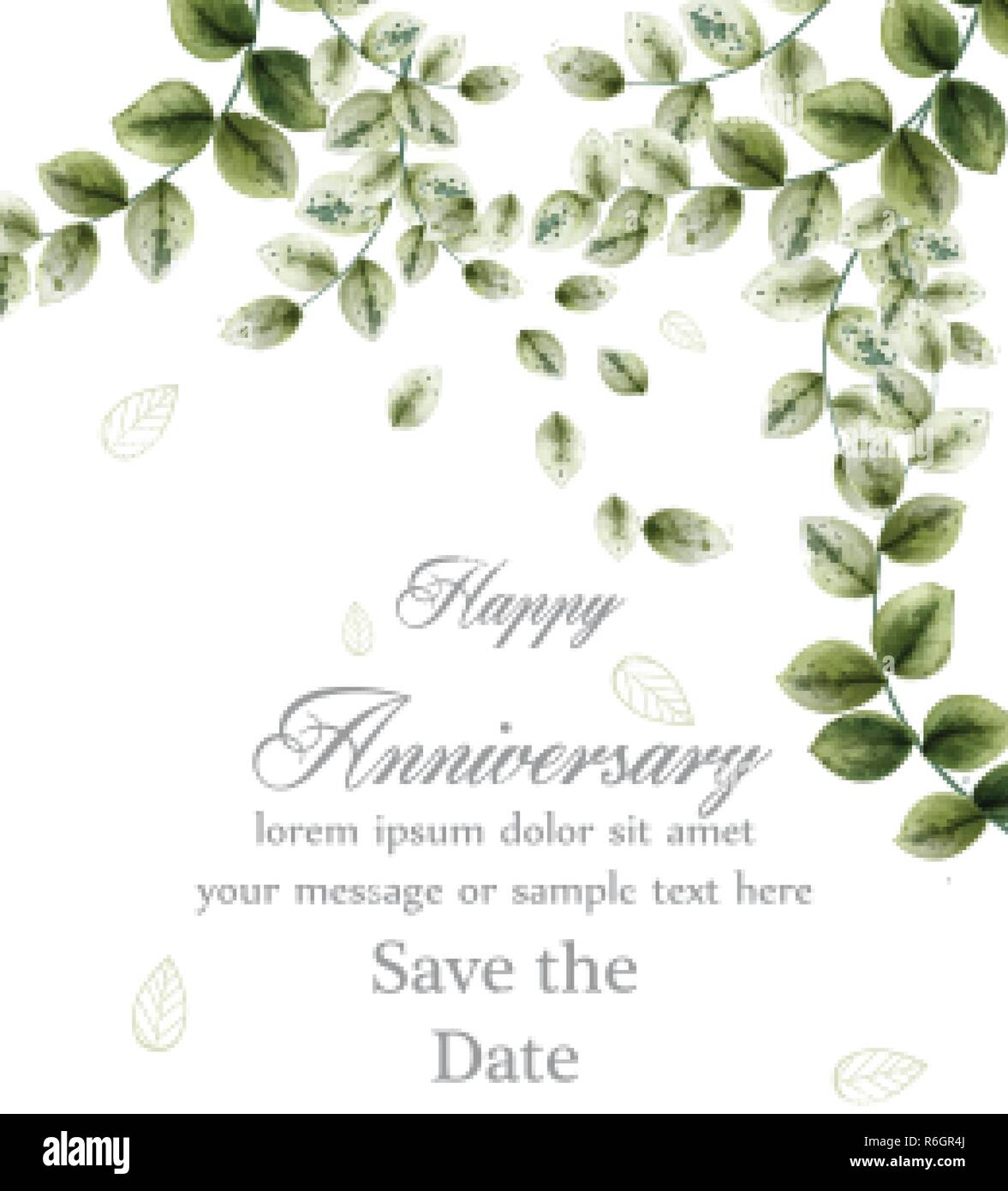Happy anniversary card with watercolor green leaves Vector. White color  background Stock Vector Image & Art - Alamy