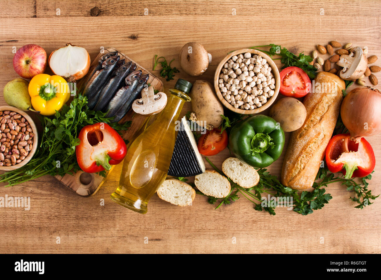 Healthy eating. Mediterranean diet. Fruit,vegetables, grain, nuts olive