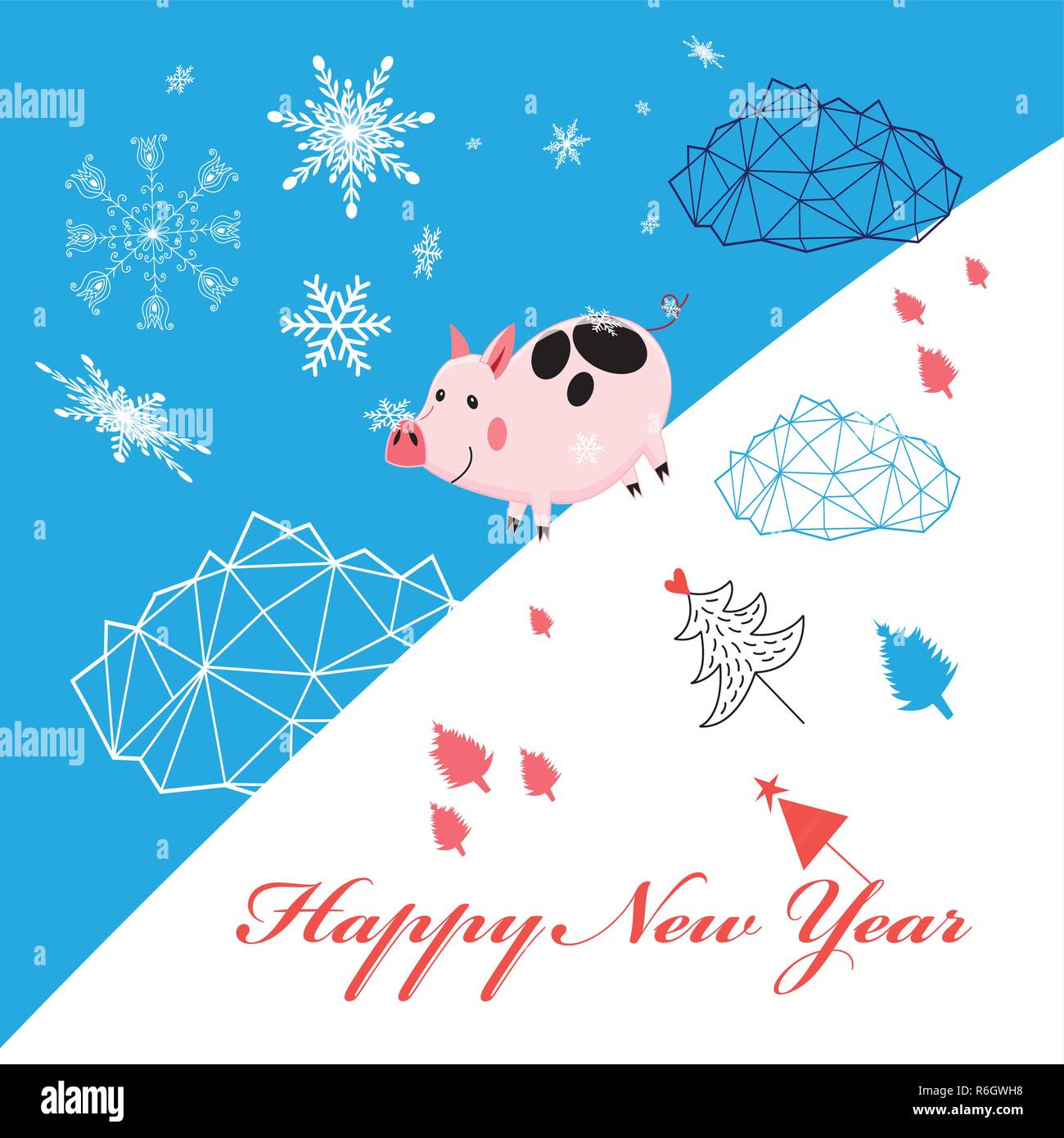 Vector New Year greeting card with piglet on blue background with ...