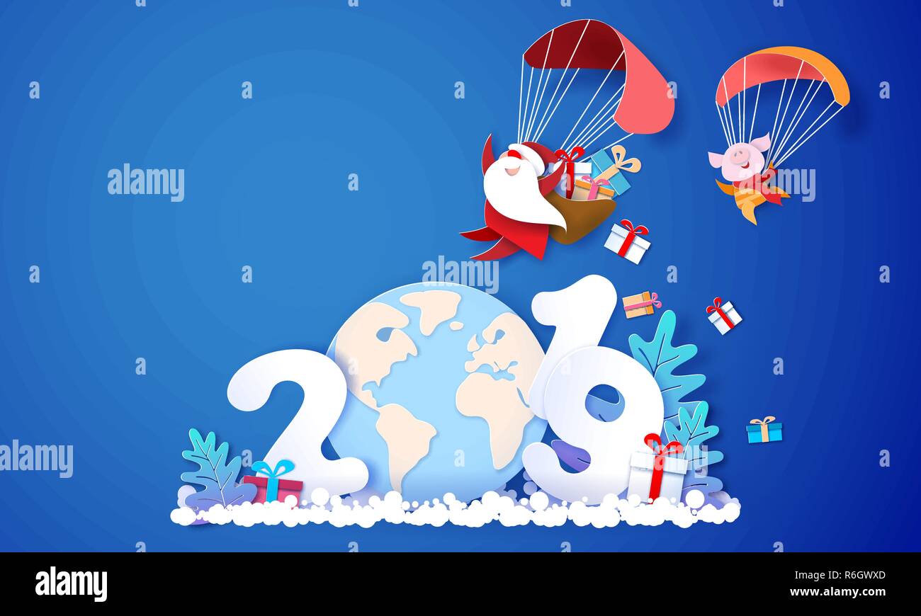 New Year design card. Santa Claus and funny pig Flying with Parachute over globe Earth on blue background. Vector paper art illustration for promotion banners, headers, posters, stickers Stock Vector
