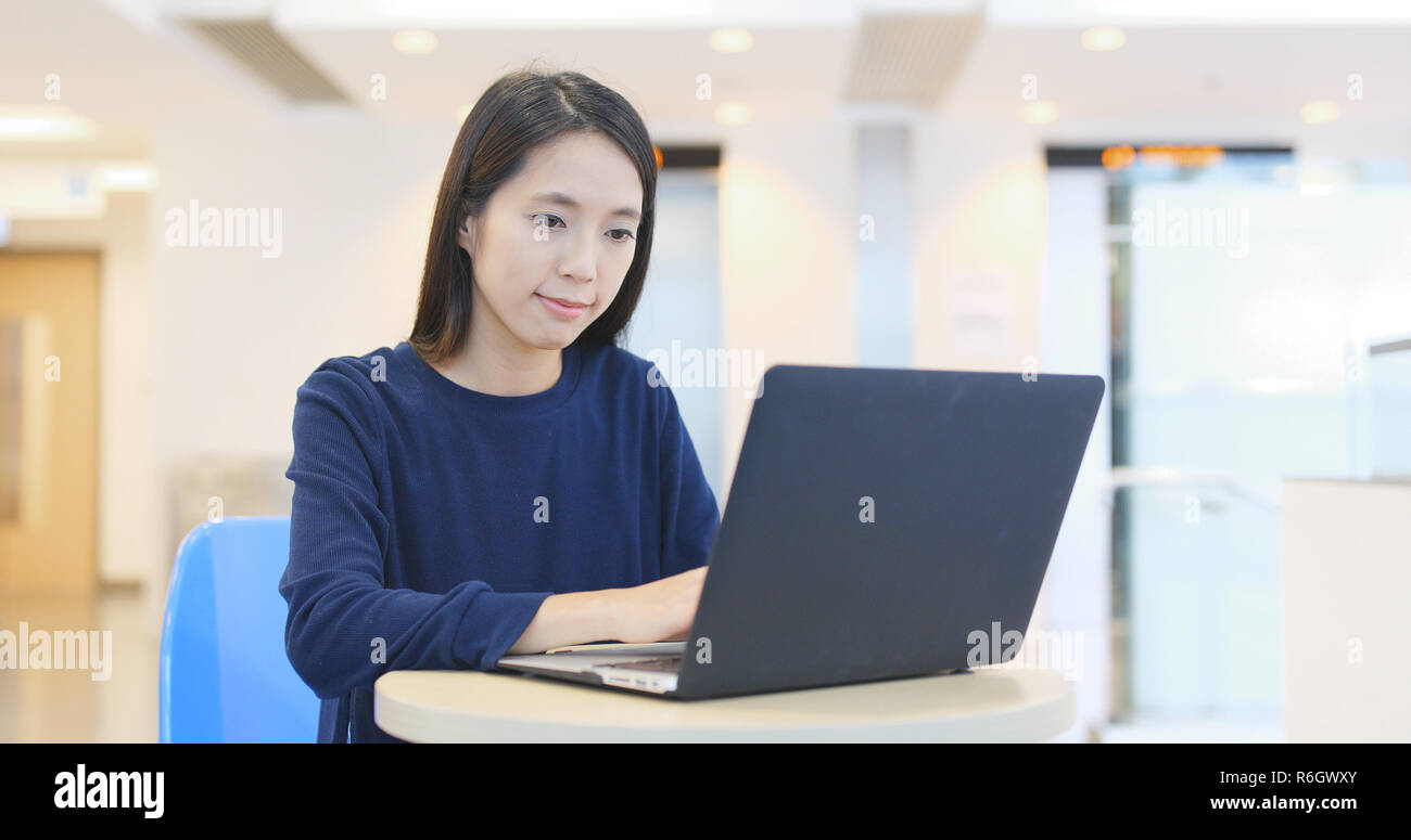Student study on laptop computer in university campus Stock Photo