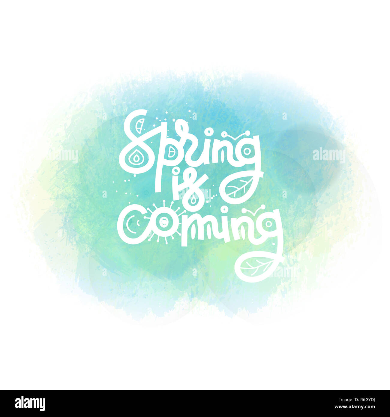 Spring is coming. Cute creative hand drawn lettering on watercolor stain. Freehand style. Doodle. Springtime Stock Photo
