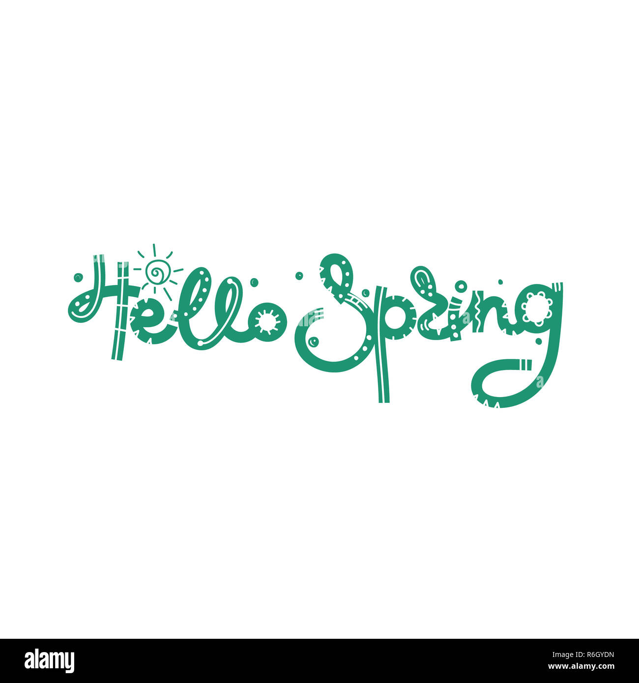 Hello Spring. Cute creative hand drawn lettering. Freehand style. Doodle. Letters with ornament. Springtime Stock Photo