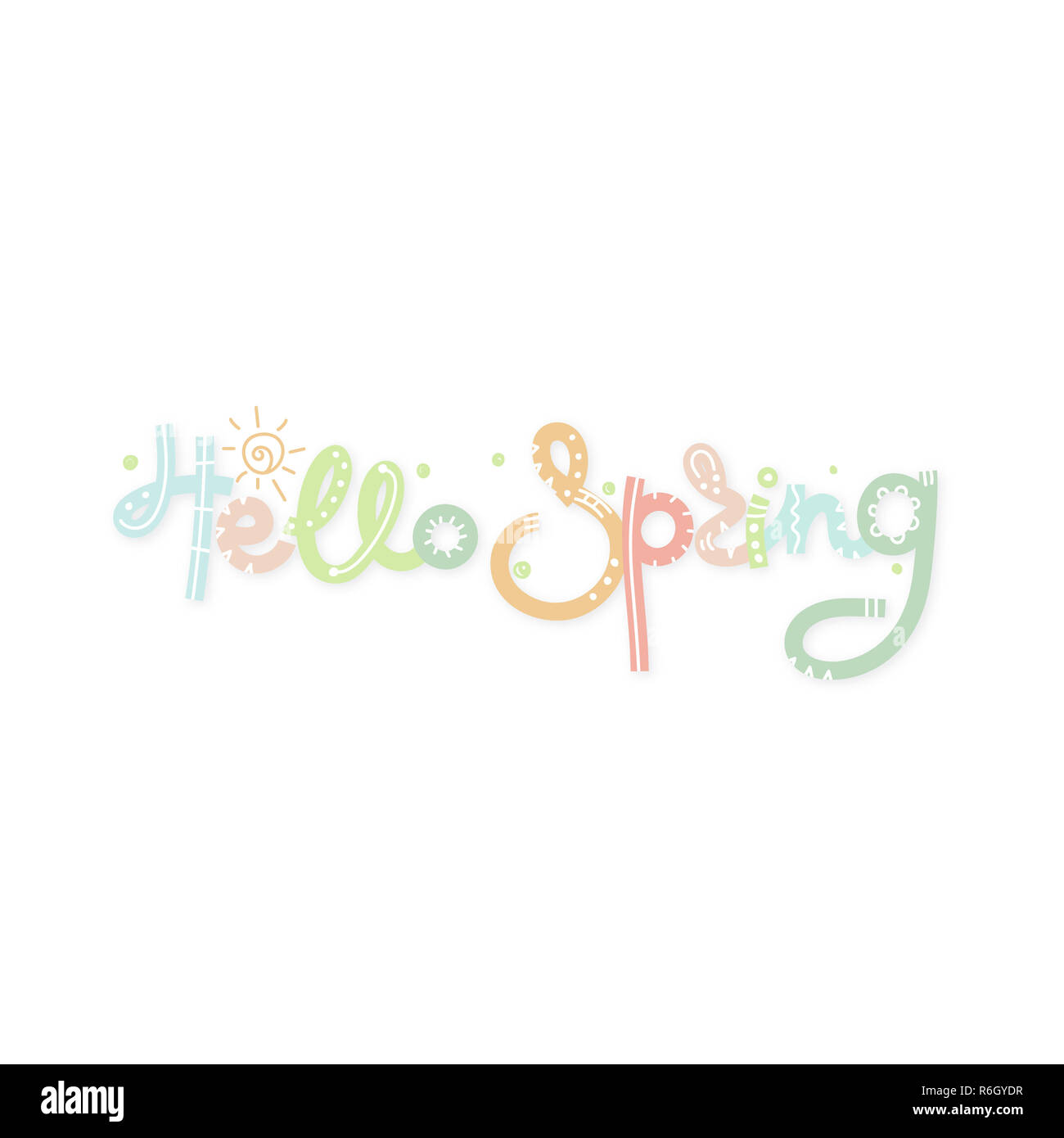 Hello Spring. Colorful creative hand drawn lettering. Freehand style. Doodle. Letters with ornament. Springtime Stock Photo
