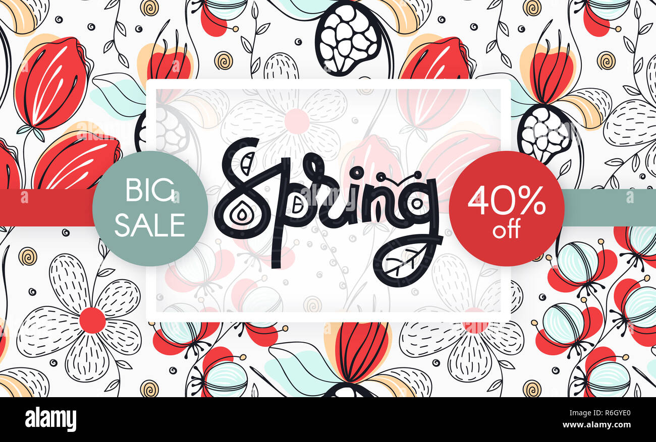 Spring sale. Floral pattern. Hand drawn creative flowers. Discount. Shopping. Lettering in frame. Commerce Stock Photo