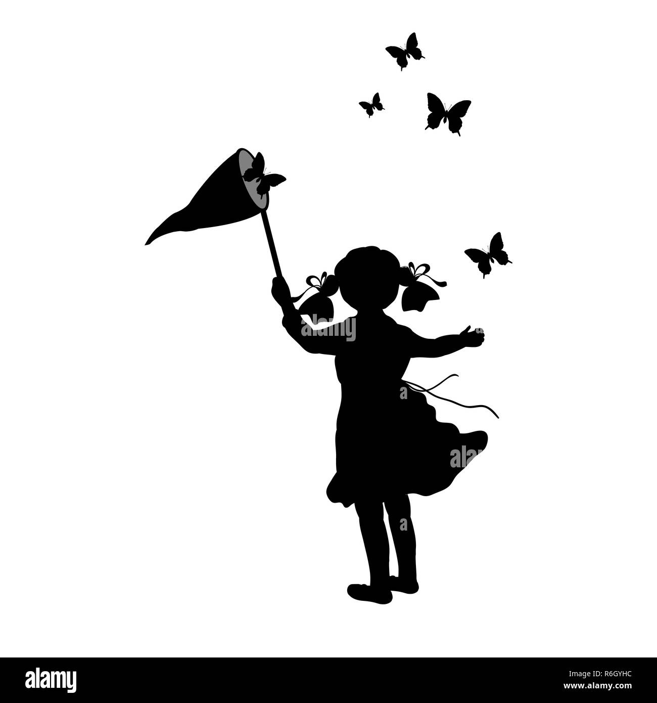 Silhouette girl with butterfly net Stock Photo - Alamy