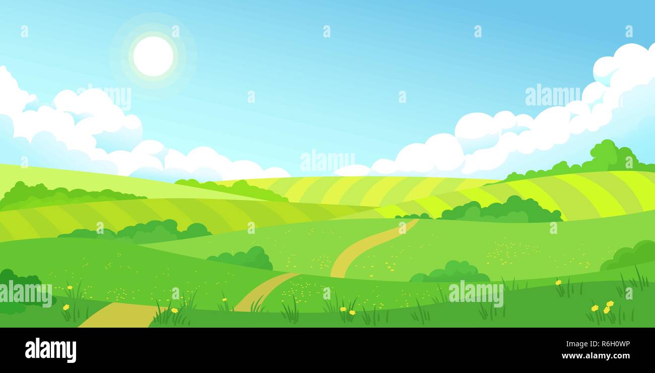 Colorful summer bright fields landscape, green grass, clear blue sky Stock Vector