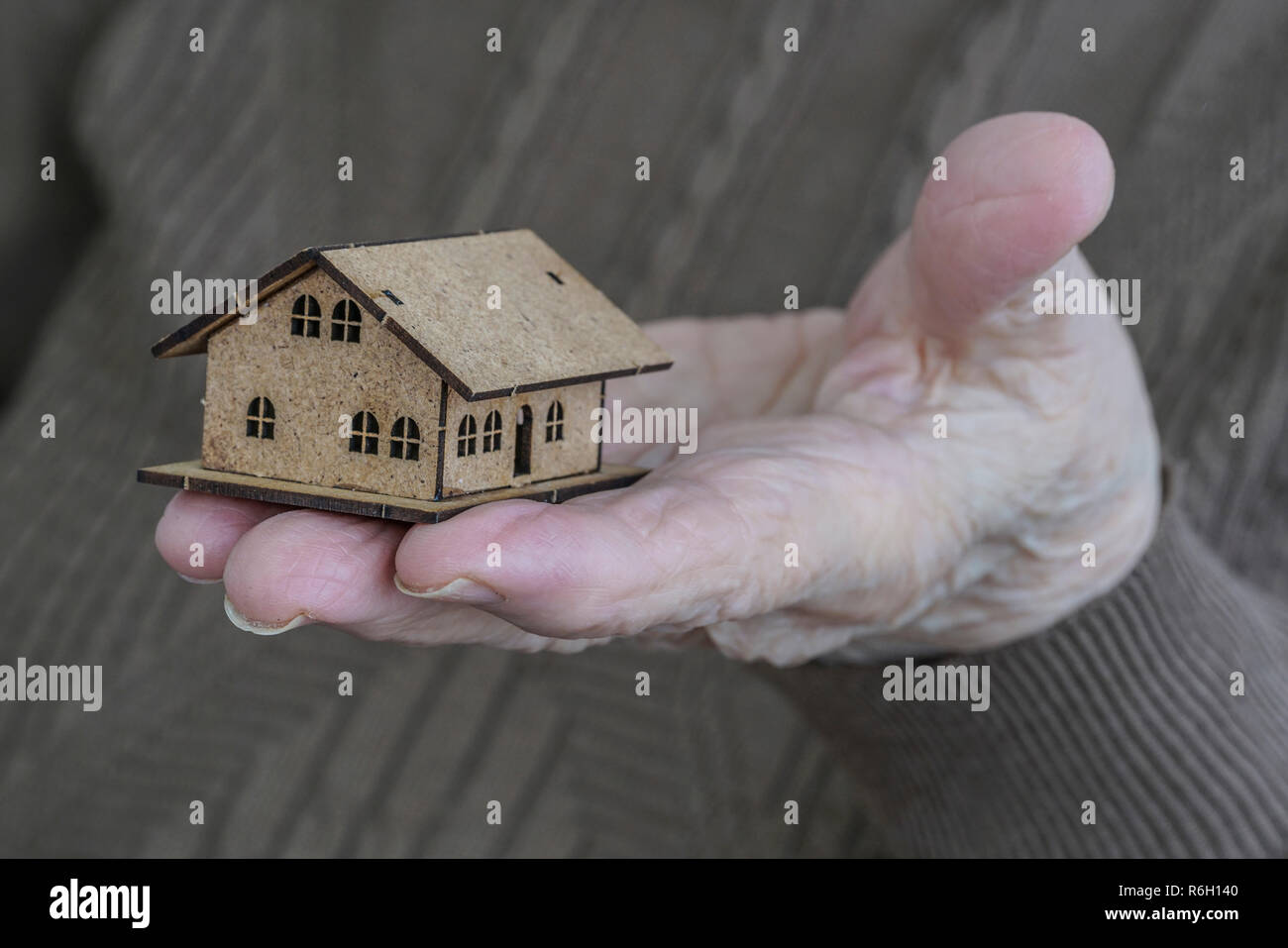 Closeup of a wrinkled hand holding a small wooden house on palm Stock ...