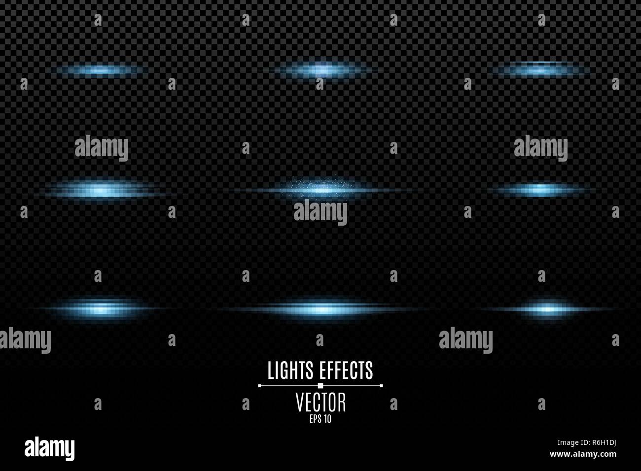 Set of blue light effects on a transparent background. Flashes and ...