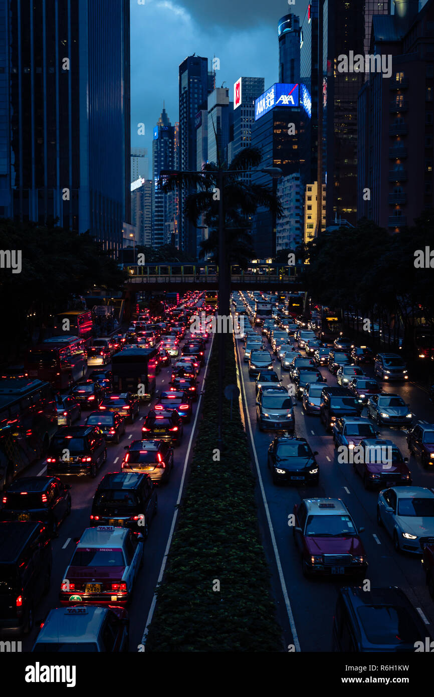 Traffic Jam on a Highway in the middle of Hong Kong. Stock Photo
