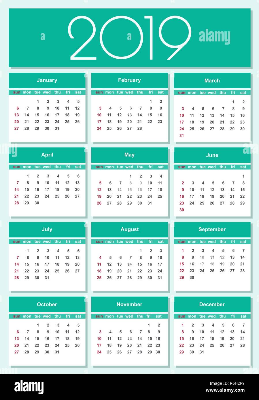 Calendar for 2019 green background. Simple Vector Template. Isolated illustration. Stock Vector